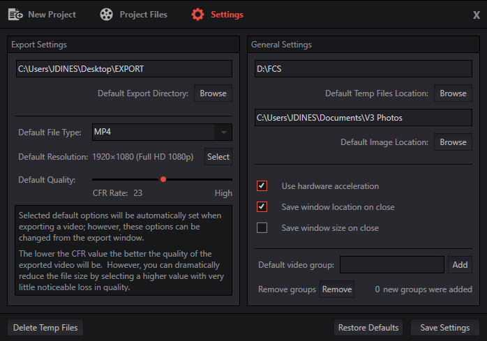 V3 Video Editor settings